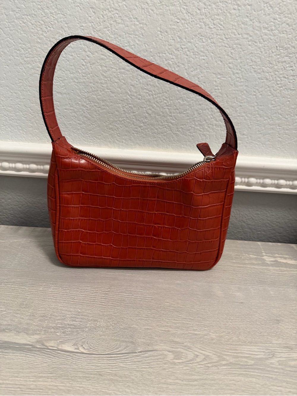 Croc-Embossed Mini Shoulder Bag in Burnt Orange
